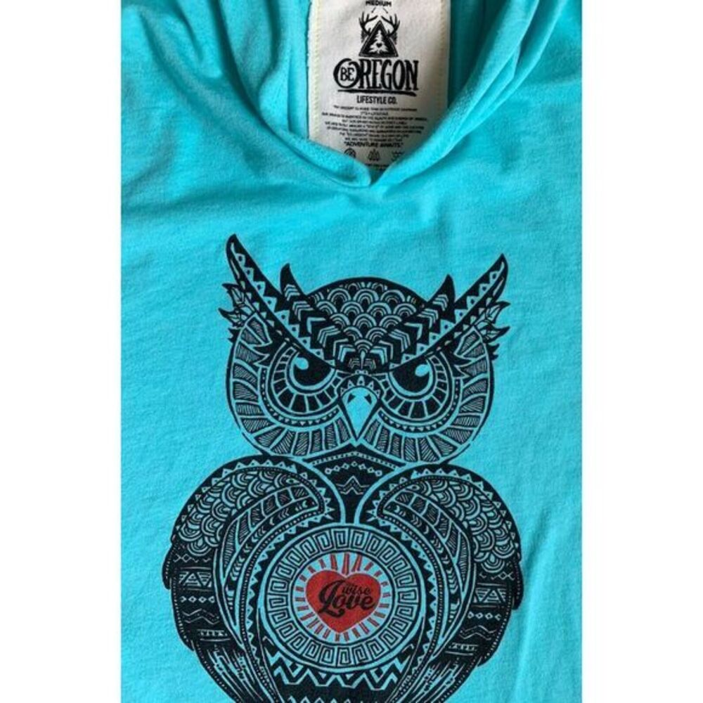 Be‎ Oregon Lifestyle Co. Hoodie Women's Lightweight Long Sleeved Teal Owl MEDIUM